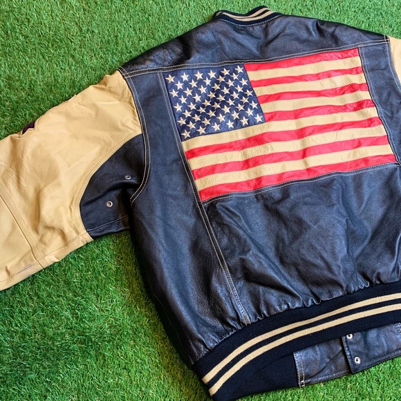 RARE Vintage Michael Hoban Where MI Budweiser USA Flag Leather Bomber Jacket - Picture 9 of 12